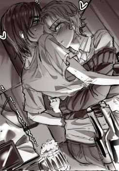 2girls alcohol alien_stage beer beer_mug blush bottle collared_shirt commentary cup earrings greyscale heart highres hug jewelry koaen0024 long_sleeves looking_at_another mizi_(alien_stage) monochrome mug multiple_girls off-shoulder_sweater off_shoulder shirt short_hair short_sleeves sua_(alien_stage) sweater very_short_hair yuri