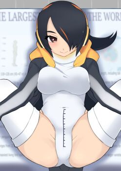 1girl ass black_hair breasts brown_eyes chart closed_mouth commentary_request covered_navel dick-o-meter emperor_penguin_(kemono_friends) feet_out_of_frame female_focus hair_over_one_eye headphones highres illu_(illu_stratos) kemono_friends large_breasts length_markings leotard long_hair looking_at_viewer measuring multicolored_hair orange_hair penis_measuring smile solo spread_legs streaked_hair thighhighs white_leotard white_thighhighs