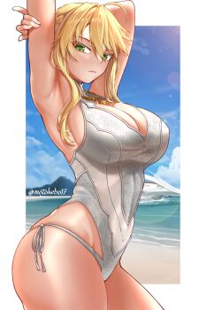 1girl ahoge armpits arms_up artoria_pendragon_(fate) artoria_pendragon_(swimsuit_ruler)_(fate) artoria_pendragon_(swimsuit_ruler)_(second_ascension)_(fate) bare_shoulders blonde_hair blush braid breasts cleavage cleavage_cutout clothing_cutout fate/grand_order fate_(series) green_eyes highleg highleg_one-piece_swimsuit highres holding_own_arm large_breasts long_hair looking_at_viewer motokebo17 one-piece_swimsuit seaside side-tie_swimsuit solo swimsuit white_one-piece_swimsuit