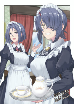 2girls alternate_costume apron black_dress breasts commentary_request dated dress enmaided eyepatch frilled_apron frills hair_intakes highres holding holding_tray indoors kantai_collection long_sleeves looking_at_viewer maid maid_apron maid_headdress multiple_girls open_mouth puffy_sleeves purple_eyes purple_hair short_hair signature smile taira_yuuki tatsuta_(kancolle) tenryuu_(kancolle) tray white_apron wrist_cuffs yellow_eyes