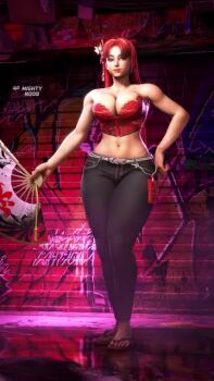 1girl 3d alternate_color alternate_costume alternate_hair_color animated ass audible_music bare_shoulders black_jeans breasts bustier cleavage denim fatal_fury female_focus hand_fan holding holding_fan huge_ass jeans large_breasts midriff mod multiple_views navel official_alternate_hairstyle pants red_bustier red_hair shiranui_mai smile snk solo sound street_fighter street_fighter_6 tagme turnaround video watermark wide_hips