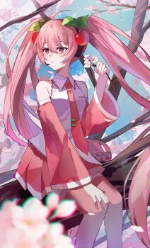 Rule 34 | 1girl, absurdres, ahoge, blush, branch, breasts, cherry hair ornament, collared shirt, commentary request, detached sleeves, floral print, flower, food-themed hair ornament, hair between eyes, hair ornament, hand on own knee, hatsune miku, headset, highres, holding, holding flower, long hair, long sleeves, looking up, medium breasts, miku day, necktie, official alternate costume, open mouth, oyutaku, pink eyes, pink flower, pink hair, pink necktie, pink skirt, sakura miku, shirt, sitting, sitting on branch, skirt, sleeveless, sleeveless shirt, spring (season), straight hair, very long hair, vocaloid, white trim, wide sleeves