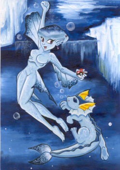 2003 2girls air_bubbles barefoot blue_skin breasts colored_skin crossover gen_1_pokemon multiple_girls nintendo no_nipples poke_ball pokemon princess_ruto size_difference tavington the_legend_of_zelda the_legend_of_zelda:_ocarina_of_time underwater vaporeon water