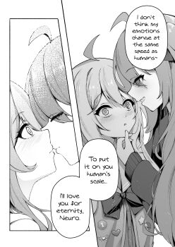 Rule 34 | 2girls, absurdres, ahoge, bow, bowtie, cardigan, clover dot (clov erd), commission, english text, evil neuro-sama, from side, greyscale, hair between eyes, hand on another's chin, highres, imminent kiss, long hair, monochrome, multiple girls, neuro-sama, open cardigan, open clothes, second-party source, shirt, siblings, sisters, speech bubble, twins, vedal ai, virtual youtuber, yuri
