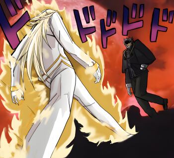 2boys absurdres alternate_design angry aura black_coat black_shirt blonde_hair brunestud_of_the_crimson_moon cape coat fingernails formal_clothes full_moon gloves gold_trim grey_hair hand_in_pocket high_collar highres kischur_zelretch_schweinorg long_hair long_sleeves looking_at_another male_focus meme moon multiple_boys no_01r oh?_you&#039;re_approaching_me?_(meme) old old_man parody red_moon red_sky scene_reference sharp_fingernails shirt simple_background sky tsukihime vampire very_long_hair walking white_cape white_gloves