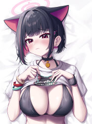 Rule 34 | 1girl, absurdres, animal ears, bed sheet, bikini, black bikini, black choker, black hair, blue archive, blush, breasts, cat ears, choker, cleavage, closed mouth, colored inner hair, extra ears, hair ornament, hairclip, halo, highres, kazusa (band) (blue archive), kazusa (blue archive), large breasts, looking at viewer, lying, metaljelly, multicolored hair, on back, pink hair, pink halo, red eyes, shirt, short hair, short sleeves, solo, swimsuit, upper body, white shirt