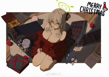 ayane_(blue_archive) bare_legs blanket blue_archive book bow breasts brown_hair character_doll doll green_eyes green_halo hair_bow hair_bun halo highres hoshino_(blue_archive) large_breasts looking_at_viewer looking_up nonomi_(blue_archive) off-shoulder_sweater off_shoulder open_book red_sweater seiza serika_(blue_archive) shiroko_(blue_archive) shulanshu single_hair_bun sitting sweater watermark weibo_watermark