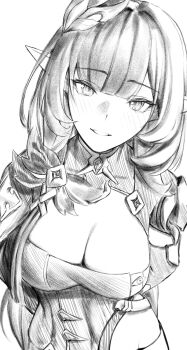 1girl absurdres breasts cleavage commentary_request elysia_(honkai_impact) elysia_(miss_pink_elf)_(honkai_impact) greyscale hair_ornament highres honkai_(series) honkai_impact_3rd korean_commentary large_breasts light_blush looking_at_viewer monochrome parted_lips pointy_ears pyeong_il shrug_(clothing) sidelocks simple_background sketch smile solo upper_body white_background