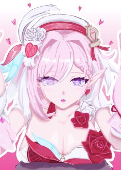 1girl beret breast_rest breasts cleavage daifuku_tmn diamond-shaped_pupils diamond_(shape) earrings elf elysia_(hi_love_elf)_(honkai_impact) elysia_(honkai_impact) hat heart heart_earrings highres honkai_(series) honkai_impact_3rd jewelry large_breasts long_hair looking_at_viewer multicolored_hair parted_lips pink_hair pointy_ears purple_eyes solo symbol-shaped_pupils two-tone_hair very_long_hair white_hair