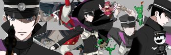 Rule 34 | 1girl, 3boys, armor, black cloak, black hair, black hat, black jacket, blunt bangs, chibi, chibi inset, cloak, demon (megami tensei), devil summoner: raidou kuzunoha vs the soulless army, devil summoner (series), dress, gakuran, grey background, gun, hair wings, handgun, hat, hitokotonusi (megami tensei), holding, holding boomerang, holding gun, holding sword, holding weapon, jacket, japanese armor, katana, kuzunoha raidou, long hair, looking at viewer, machinosuke, male focus, mokoi (megami tensei), multiple boys, muu shuwuu (megami tensei), narumi shouhei, peaked cap, pink hair, raiho, red dress, revolver, school uniform, short hair, sideburns, sword, very short hair, weapon, yellow eyes, yoshitsune (megami tensei)