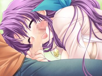 1boy 1girl ahoge aoi_sakura_(tsuma_shibori) breasts closed_eyes dress fellatio from_side game_cg hair_ribbon kuroda_akimi large_breasts licking licking_penis long_hair looking_at_viewer non-web_source official_art oral parted_bangs penis purple_hair ribbon tsuma_shibori tsumamigui_(series)