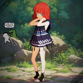 1boy 1girl 1other artist_self-insert bare_shoulders black_footwear blue_eyes blunt_bangs character_request check_clothing closed_mouth clothing_request copyright_request dinosaur english_text full_body grass hands_up hooded_poncho looking_at_viewer medium_hair movie_reference outdoors purple_poncho red_hair rock sleeveless speech_bubble srgrafo standing stirrup_footwear the_lion_king tree