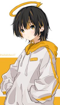 1girl absurdres angel artist_name auhuheben17 black_hair halo highres jacket original short_hair solo yellow_halo yellow_theme