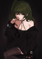Rule 34 | 1girl, bare shoulders, black background, black choker, black dress, black jacket, black nails, black thighhighs, breasts, candy, choker, cleavage, commentary, dress, eyelashes, food, food in mouth, garter straps, green hair, hair between eyes, halter dress, halterneck, hashtag-only commentary, highres, holding, holding candy, holding food, holding lollipop, jacket, jitome, lollipop, long hair, looking at viewer, moku (muooku), nail polish, off shoulder, on stool, purple eyes, side ponytail, sitting, sleeves past wrists, small breasts, solo, sousou no frieren, stool, symbol-only commentary, thighhighs, ubel (sousou no frieren), upturned eyes