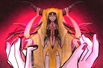 Rule 34 | 1girl, bare hips, bare shoulders, between breasts, black background, black hair, black horns, black nails, blush, breasts, center opening, cleavage, clothing cutout, clownhassan, collarbone, cowboy shot, cross-shaped pupils, demon, demon girl, demon horns, detached sleeves, dress, evil grin, evil smile, extra eyes, eyeball, facial mark, fate/grand order, fate (series), floating hair, forehead mark, giant hand, grin, highres, horn ornament, horn ring, horns, huge horns, large breasts, loincloth, long hair, long horns, long sleeves, looking at another, looking at viewer, multicolored horns, nail polish, navel, nose blush, open clothes, open dress, outstretched arms, parted bangs, pelvic curtain, pink background, pink lips, pink sleeves, red eyes, revealing clothes, sessyoin kiara, sessyoin kiara (beast iii/r), sessyoin kiara (heaven's hole), side cutout, sideboob, sidelocks, slit pupils, smile, solo, spaghetti strap, spiral horn, symbol-shaped pupils, symbol in eye, tassel, tearing up, thighhighs, third eye, two-tone background, two-tone dress, two-tone horns, two-tone sleeves, underboob, veil, veins, very long hair, white thighhighs, wide sleeves, yellow dress, yellow eyes, yellow sleeves, yellow veil