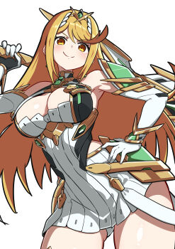 1girl absurdres bare_shoulders blonde_hair blush breasts chest_jewel cianter cleavage cleavage_cutout closed_mouth clothing_cutout cowboy_shot dress highres holding holding_sword holding_weapon large_breasts long_hair microdress mythra_(xenoblade) shoulder_pads simple_background smile solo sword tiara weapon white_background white_dress xenoblade_chronicles_(series) xenoblade_chronicles_2 yellow_eyes