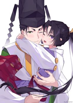 2boys :d :t absurdres age_difference arms_around_neck black_hair blush carrying cheek_press child_carry commentary_request curtained_hair floating_hair green_eyes hakama hat highres houjou_tokiyuki_(nige_jouzu_no_wakagimi) japanese_clothes kariginu long_hair looking_at_viewer low-tied_long_hair male_focus mitsu_uroko motoyui multiple_boys nige_jouzu_no_wakagimi one_eye_closed onii-shota open_mouth oshioganen parted_bangs ponytail purple_eyes red_hakama sidelocks_tied_back simple_background smile suwa_yorishige_(nige_jouzu_no_wakagimi) tate_eboshi very_long_hair white_background