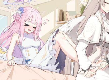 >_< 2girls :d ^^^ banbanban_li barefoot bed_sheet blue_archive blue_bow blunt_bangs blush bow breasts brown_hair buttons chinese_commentary closed_eyes commentary_request double-breasted dress dress_bow feathered_wings feet flower flying_sweatdrops frilled_dress frills full_body furrowed_brow hair_bun hair_flower hair_ornament halo highres holding_another's_foot indoors knees_up laughing legs_together long_hair long_sleeves low_wings medium_breasts medium_dress mika_(blue_archive) multiple_girls nagisa_(blue_archive) on_bed open_mouth pink_hair pink_halo purple_flower saliva sidelocks single_side_bun sitting sleeveless sleeveless_dress smile soles straight_hair sweatdrop tearing_up tickling tickling_feet toes twitching very_long_hair white_dress white_wings wings xd