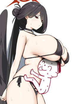 Rule 34 | 1boy, 1girl, bare shoulders, bikini, black bikini, black hair, black wings, blue archive, blush, breasts, chibi, choker, cleavage, commentary, doodle sensei (blue archive), feathered wings, frog embrace position, hair between eyes, hair bun, halo, hasumi (blue archive), hasumi (swimsuit) (blue archive), highleg, highleg bikini, highres, huge breasts, long hair, mole, mole under eye, official alternate costume, official alternate hairstyle, ponytail, red eyes, sensei (blue archive), sideboob, sky-freedom, swimsuit, thighs, underboob, very long hair, wings