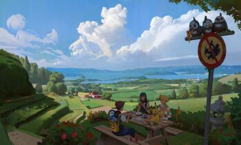 1girl 2boys absurdres azelf backpack bag barry_(pokemon) black_hair building bush chopsticks dawn_(pokemon) eating egg_(food) food gen_1_pokemon gen_4_pokemon grass green_necktie highres kolzura_art legendary_pokemon lucas_(pokemon) mesprit multiple_boys necktie nintendo picnic_table pikachu piplup poke_ball pokemon pokemon_(creature) pokemon_dppt road_sign scenery shirt sign sitting starly stone_lantern striped_clothes striped_shirt table uxie water