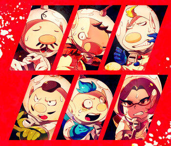 1girl 5boys alph_(pikmin) backpack bag bags_under_eyes big_nose black_eyes black_hair black_sleeves black_suit blonde_hair blue_bag blue_gloves blue_hair brittany_(pikmin) brown_hair buttons charlie_(pikmin) clenched_teeth closed_eyes commentary_request everyone eyelashes facial_hair foot_out_of_frame formal_clothes freckles glasses gloves green_gloves helmet highres knee_up layered_sleeves leg_up long_sleeves louie_(pikmin) mohawk multiple_boys mustache nintendo olimar one_eye_closed open_mouth pale_skin petals pikmin_(series) pink_bag pink_gloves pink_hair pointing pointing_forward pointy_ears president_(pikmin) radio_antenna reaching red-framed_eyewear red_background red_gloves shirushiki short_hair solid_eyes space_helmet spacesuit suit sweat sweatdrop teeth triangular_eyewear unusually_open_eyes upper_body upper_teeth_only v-shaped_eyebrows very_short_hair whistle white_gloves