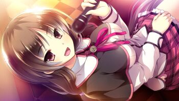 1girl brown_hair bad_tag ensemble_(company) female_focus game_cg ichimine_touka long_hair looking_at_viewer mutou_kurihito ojou-sama_wa_gokigen_naname red_eyes school_uniform solo