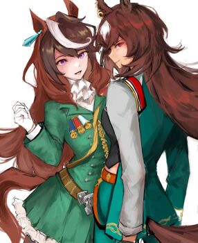2girls aiguillette animal_ears ascot asymmetrical_jacket belt black_gloves blush breasts brown_belt brown_hair cape ear_ornament earrings epaulettes gloves green_jacket green_pants green_skirt hair_between_eyes highres horse_ears horse_girl horse_tail jacket jewelry long_hair long_sleeves looking_at_viewer medal multicolored_hair multiple_girls open_mouth osnp46 pants parted_lips purple_eyes red_cape red_eyes shirt side_cape simple_background single_earring single_epaulette sirius_symboli_(feroce)_(umamusume) sirius_symboli_(umamusume) skirt smile streaked_hair symboli_rudolf_(emperor&#039;s_path)_(umamusume) symboli_rudolf_(umamusume) tail thighhighs umamusume very_long_hair white_ascot white_background white_gloves white_hair