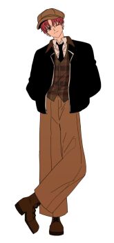 1boy black_jacket black_necktie boots brown_boots brown_eyes brown_hat brown_pants brown_vest checkered_clothes closed_mouth collared_shirt commentary_request dandadan earrings enjoji_jin full_body hands_in_pockets hat highres jacket jewelry korean_commentary looking_at_viewer male_focus necktie official_alternate_costume one_eye_closed open_clothes open_jacket pants red_hair rotomem shirt short_hair solo standing vest white_background white_shirt