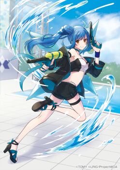 1girl black_jacket black_sandals black_shirt black_shorts blue_hair blue_sky breasts closed_mouth cloud copyright_notice cropped_shirt highres holding holding_water_gun jacket long_hair looking_at_viewer official_art outdoors peron_(niki2ki884) piruluk pool red_eyes sandals shirt short_shorts shorts sky small_breasts smile solo twintails two-tone_shirt water water_gun white_shirt wixoss