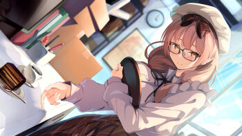 alternate_costume beret black-framed_eyewear black_ribbon blue_archive blurry blurry_background box breast_press breasts brown_hair brown_hairband brown_skirt cake cake_slice cardboard_box chinatsu_(blue_archive) clock closed_mouth coffee collared_shirt commentary cup dutch_angle food fork glasses hairband hand_up hat highres holding holding_tray indoors large_breasts long_hair long_sleeves looking_at_viewer low_twintails misooden neck_ribbon pointy_ears puffy_long_sleeves puffy_sleeves rectangular_eyewear ribbon saucer shirt skirt smile teacup tray twintails wall_clock white_hat white_shirt window yellow_eyes