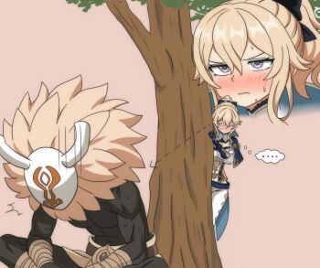 1girl behind_tree black_skin blonde_hair blush bow breasts capelet cleavage colored_skin dark-skinned_male dark_skin genshin_impact gloves hair_between_eyes hair_bow hiding hilichurl_(genshin_impact) hippo_power jean_(genshin_impact) long_hair mask pants peeking ponytail sidelocks stalking sweat tree white_pants