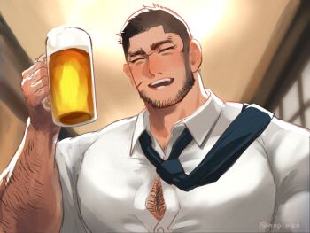 1boy alcohol arm_up bara beard beer beer_mug black_hair black_necktie chest_hair closed_eyes collared_shirt commentary_request cup dated_commentary facial_hair facial_scar golden_kamuy holding holding_cup indoors male_focus mug necktie necktie_over_shoulder nopinzo open_collar open_mouth scar scar_on_cheek scar_on_face shirt short_hair solo tanigaki_genjirou teeth twitter_username upper_body very_short_hair white_shirt wing_collar