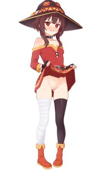 1girl absurdres annoyed bandaged_leg bandages black_thighhighs blush boots bottomless breasts brown_hair clenched_teeth clothes_lift dress dress_lift dullahan_(alekey_art) full_body hat highres kono_subarashii_sekai_ni_shukufuku_wo! legs lifting_own_clothes loli long_hair looking_at_viewer megumin pussy red_eyes small_breasts solo standing teeth thighhighs thighs uncensored witch_hat