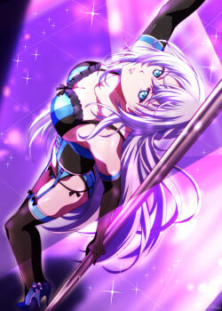 1girl artist_name black_gloves blue_eyes bow breasts cleavage collarbone commission dancer dancing eiyuu_densetsu elbow_gloves floating_hair footwear_bow gloves half_updo high_heels holding holding_pole kuro_no_kiseki_(series) kuro_no_kiseki_i large_breasts looking_at_viewer nightclub parted_bangs parted_lips pole pole_dancing shizuna_rem_misurugi sidelocks skeb_commission solo stage_lights stripper stripper_pole white_hair xiacheng_tatsuya