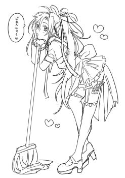 1girl ahoge alternate_costume amana_raika apron blush bow breasts dress frills garter_straps genderswap genderswap_(mtf) greyscale hair_bow hair_ribbon heart high_heels holding holding_mop long_hair looking_at_viewer maid maid_apron mary_janes medium_breasts modao_zushi money monochrome mop open_mouth ponytail ribbon shoes short_dress short_sleeves sidelocks sketch smile solo speech_bubble standing thigh_strap thighhighs tucked_money very_long_hair wei_wuxian white_background