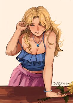 Rule 34 | 1girl, artist name, bare shoulders, blonde hair, blue eyes, blue tank top, blush, breasts, cleavage, commentary, english commentary, flower, frilled tank top, haley (stardew valley), hand on table, highres, jewelry, large breasts, long hair, midriff, navel, necklace, pink skirt, skirt, smile, solo, spaghetti strap, stardew valley, strap slip, tank top, tapeanna, tucking hair, yellow flower
