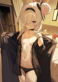 1girl absurdres alternate_costume alternate_hairstyle bare_shoulders bed bedroom black_bow black_choker black_hairband black_jacket black_negligee black_panties blue_archive blush bow braid breasts choker collarbone curtains dot_nose fingernails frilled_underwear grey_eyes grin hair_between_eyes hair_bun hair_over_one_eye hair_ribbon hairband half-closed_eyes halo heart heart-shaped_pillow heart_halo highres indoors iv_(iv70311741) jacket loli long_hair looking_at_viewer navel one_eye_covered open_clothes open_jacket panties pillow plana_(blue_archive) red_halo red_pupils ribbon side_bun small_breasts smile solo standing strap_slip sweat thighs tissue_box twin_braids underwear white_hair window