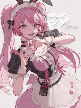 1girl alternate_costume animal_ears apron artist_name bang_dream! bang_dream!_it's_mygo!!!!! character_name chihaya_anon commentary_request dress enmaided fake_animal_ears frilled_apron frills grey_eyes hairband heart heart_hands jersey_maid long_hair looking_at_viewer maid maid_headdress open_mouth pink_hairband puffy_short_sleeves puffy_sleeves rabbit_ears short_sleeves solo teeth tochigi_1990 twintails unconventional_maid upper_teeth_only white_apron wrist_cuffs