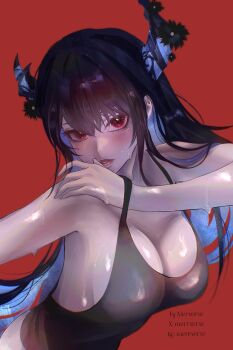 1girl alternate_costume artist_name asymmetrical_horns bare_shoulders black_hair blue_hair blush breasts cleavage colored_inner_hair demon_horns hair_ornament hashtag-only_commentary highres hololive hololive_english horns large_breasts long_hair looking_at_viewer mer_(merrverse) mole mole_under_eye multicolored_hair nerissa_ravencroft red_eyes simple_background solo two-tone_hair uneven_horns upper_body very_long_hair virtual_youtuber