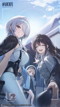 3girls black_coat black_hair blue_eyes blue_necktie blue_pants blue_sky brid_(nikke) brid_(silent_track)_(nikke) brown_eyes brown_hair closed_eyes coat collared_shirt commentary day diesel_(nikke) diesel_(winter_sweets)_(nikke) english_commentary goddess_of_victory:_nikke grey_hair hair_over_one_eye hat highres holding holding_microphone infinity_rail_(nikke) long_hair looking_at_viewer microphone multiple_girls necktie official_alternate_costume official_art open_mouth outdoors pants parted_lips pointing rolling_suitcase shirt sky smile soline_(frost_ticket)_(nikke) soline_(nikke) standing suitcase teeth train twintails white_hat white_shirt