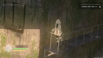 1girl absurdres black_pants commentary_request concrete_wall gloves health_bar highres hood hoodie iron_bars ivy kani_etizen03 knee_pads one_eye_covered original pants ruins scenery shadow solo standing user_interface white_hair white_hoodie