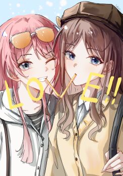 2girls bang_dream! bang_dream!_it&#039;s_mygo!!!!! black_shirt blue_eyes brown_cardigan brown_hair brown_hat cardigan cassius_(pixiv_21496909) chihaya_anon closed_mouth commentary eyewear_on_head grey_eyes grey_jacket hat highres jacket long_hair mouth_hold multiple_girls nagasaki_soyo pink_hair shirt sidelocks upper_body