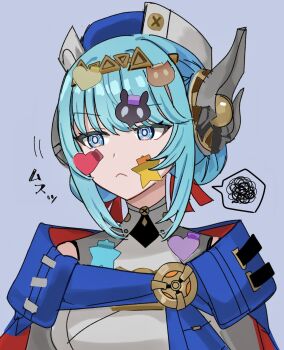 1girl blue_eyes blue_hair commentary_request genshin_impact hat highres ineffa_(genshin_impact) kuromu_shado short_hair solo spoken_squiggle squiggle sticker sticker_on_face translation_request upper_body