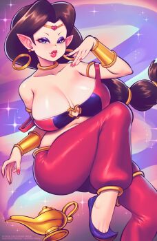 Rule 34 | 1girl, bare shoulders, blue eyes, bra, breasts, brown hair, cleavage, cosplay, earrings, genie lamp, heart, jewelry, large breasts, lips, long hair, mario (series), multi-tied hair, nintendo, pants, pauline (mario), pointy ears, shant, shantae, shantae (cosplay), shantae (series), supersatanson, underwear, very long hair