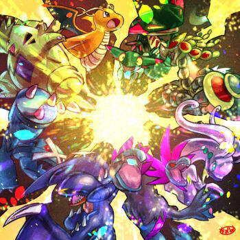 black_sclera claws colored_sclera commentary_request dragapult dragon dragonite dreepy fangs garchomp gen_1_pokemon gen_2_pokemon gen_3_pokemon gen_4_pokemon gen_5_pokemon gen_6_pokemon gen_7_pokemon gen_8_pokemon glowing goodra green_eyes hydreigon kaosu_(kaosu0905) kommo-o metagross nintendo no_humans open_mouth pokemon pokemon_(creature) pokemon_focus red_eyes scales sharp_teeth signature teeth tyranitar yellow_eyes