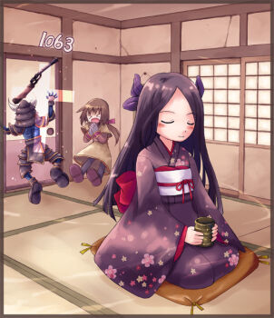 &gt;_&lt; acolyte_(ragnarok_online) ancient_firelock bad_id bad_pixiv_id black_hair closed_eyes gun hair_ribbon japanese_clothes jumping kimono long_hair miyabi_doll ragnarok_online ribbon rifle seiza sitting tea weapon yakka