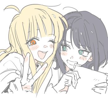 2arufantasy 2girls absurdres ahoge blonde_hair blush cho_kaguya-hime! commentary_request green_eyes highres holding holding_paper korean_commentary long_hair looking_at_another looking_at_viewer multiple_girls one_eye_closed open_mouth orange_eyes paper purple_hair smile teeth v white_background yuri