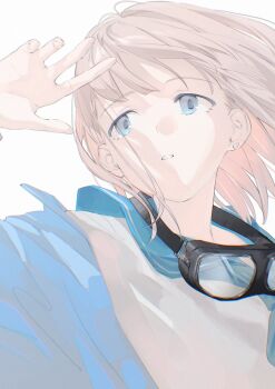 1girl absurdres blue_eyes blue_jacket blue_sailor_collar commentary earrings expressionless floating_hair goggles goggles_around_neck grey_hair hand_up highres idolmaster idolmaster_shiny_colors jacket jewelry looking_to_the_side parted_lips portrait sailor_collar serizawa_asahi shading_eyes shirt short_hair simple_background single_earring solo stud_earrings vickyycy99 white_background white_shirt wing_earrings