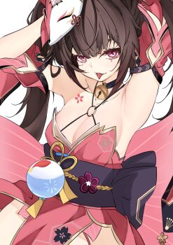 Rule 34 | 1girl, absurdres, armpits, arms up, black gloves, blush, breasts, brown hair, closed mouth, commentary request, detached sleeves, fox mask, gloves, highres, honkai: star rail, honkai (series), japanese clothes, kimono, long hair, looking at viewer, mask, medium breasts, mole, mole under each eye, mole under eye, multiple moles, obi, red eyes, red kimono, sash, short sleeves, shoulder tattoo, simple background, sleeveless, sleeveless kimono, smile, solo, sparkle (honkai: star rail), tattoo, tongue, tongue out, twintails, unanooo (fthx7532), very long hair, white background