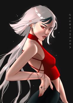 1girl artist_name asian black_background black_leggings black_streaks bob_cut bracelet breasts cowboy_shot crop_top ear_piercing eyelashes fashion fingernails floating_hair from_side hand_on_own_hip highres jellyfish_cut jewelry kira_(zeebythesea) leggings light_particles long_fingernails long_hair looking_at_viewer medium_breasts midriff modeling nail_polish original piercing red_eyes red_nails red_shirt ring safety_pin_earring shirt single_hair_streak sleeveless sleeveless_turtleneck thick_eyebrows thick_lips turtleneck white_hair zeebythesea